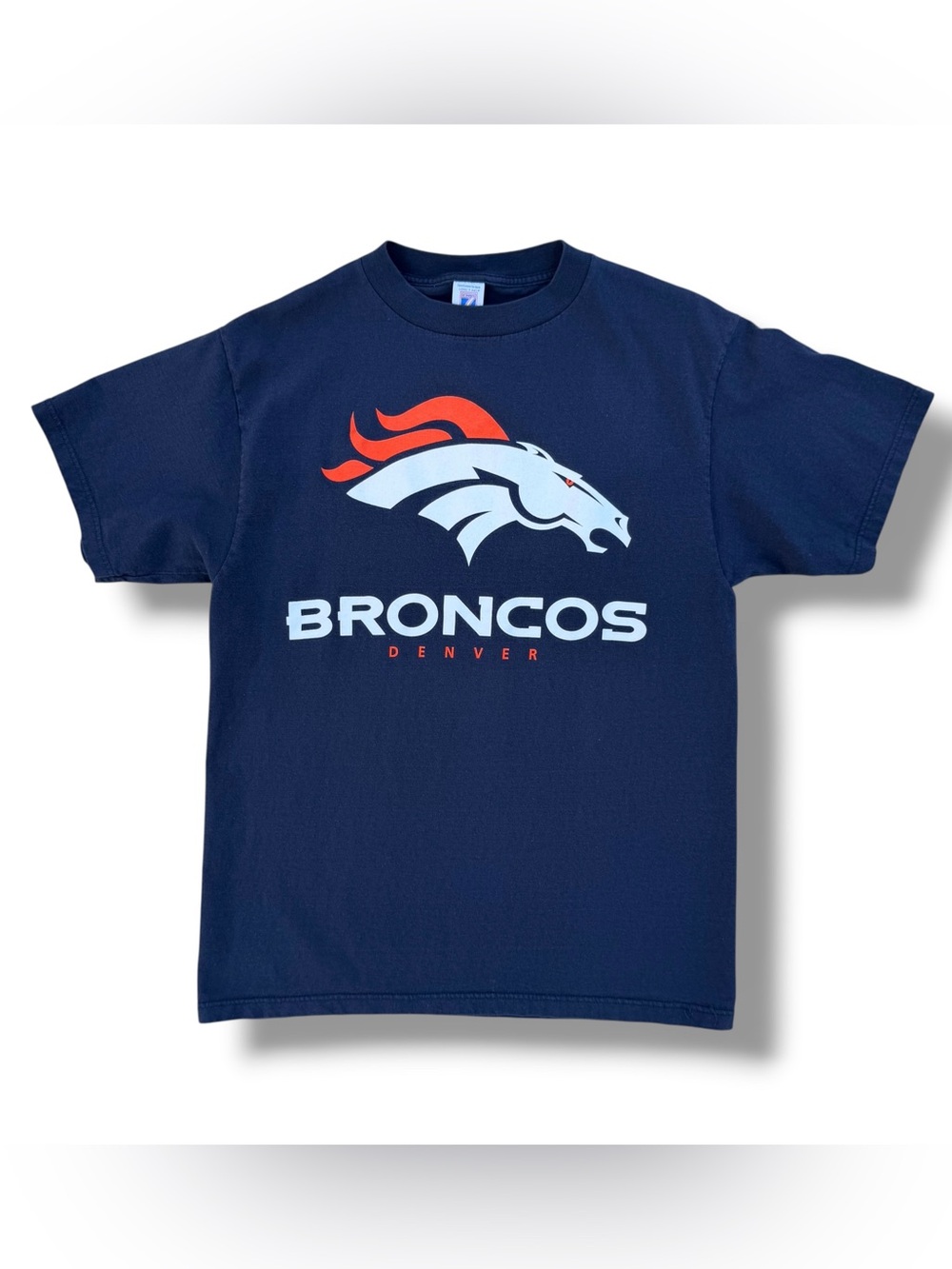 Vintage 90s Denver Broncos Logo 7 T-Shirt Navy Blue Size Large NFL USA